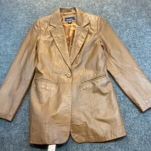 Denim & Co. Vintage Womens XS Brown 100% Genuine Leather Blazer Jacket